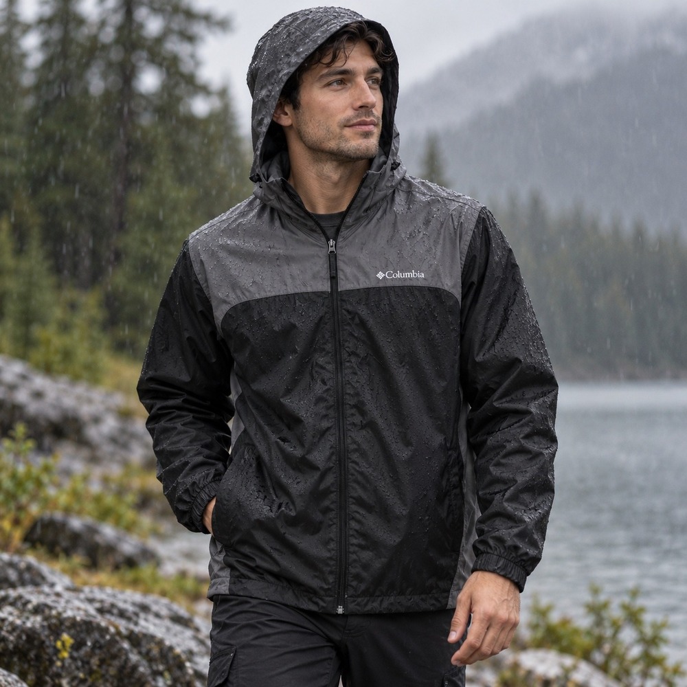 Columbia Mens Flash Forward Windbreaker Jacket Black Gray Hooded Full Zip Large